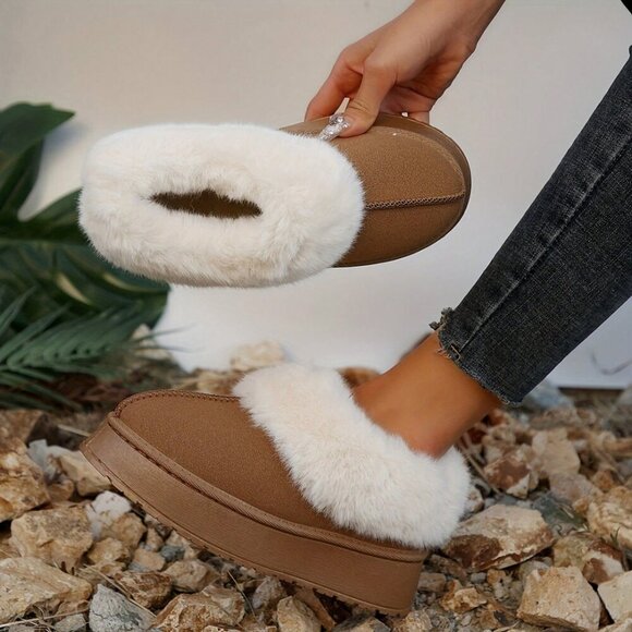 Dark Brown Casual Women's Thick Flat Suede Shearling Slippers - Picture 2 of 5